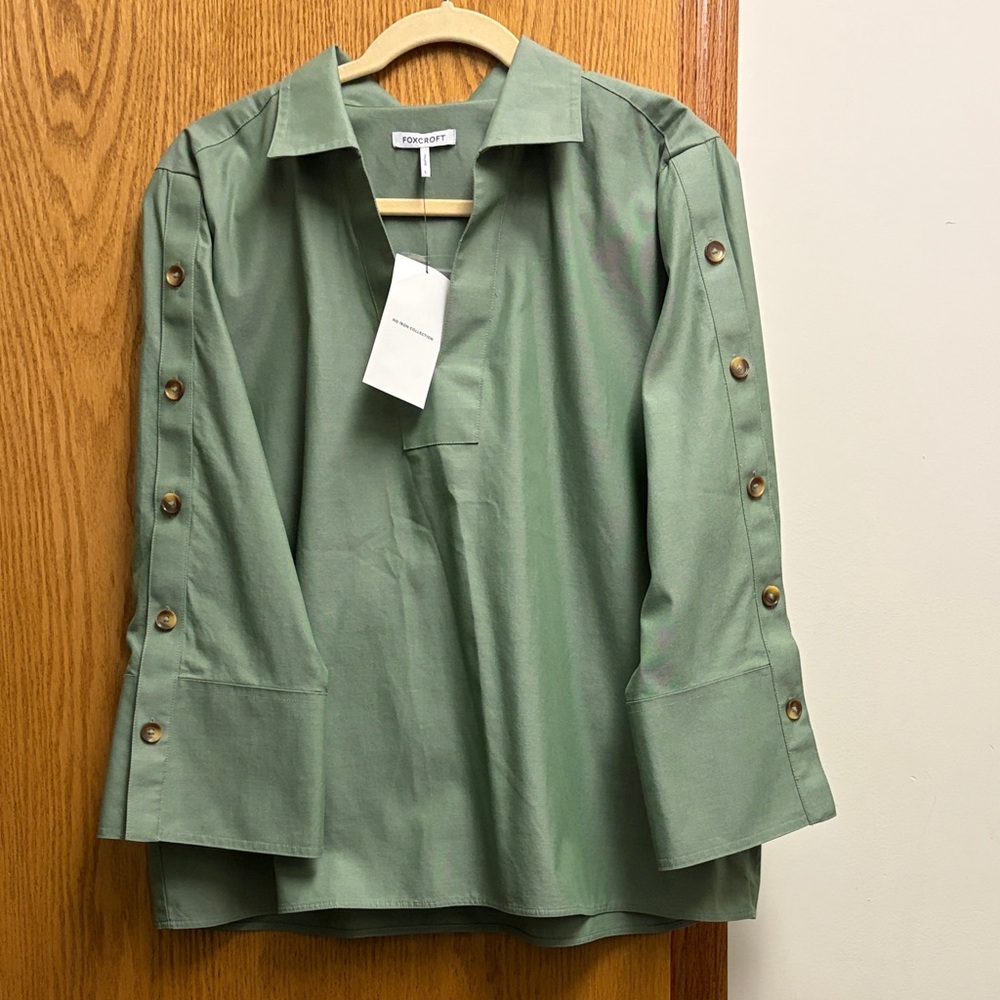 Foxcroft Sage Green Button-Accent Popover Blouse